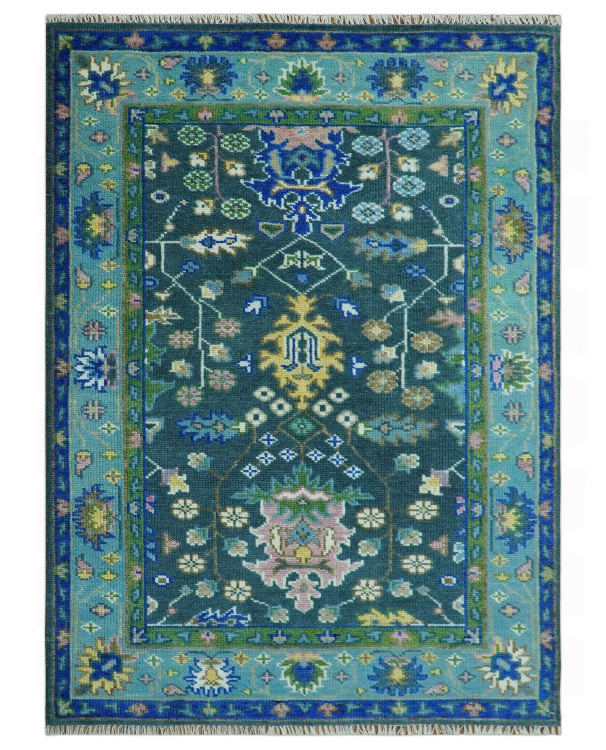 Antique Design Hand Knotted Charcoal, Green Moss and Blue Oushak Custom Made Rug