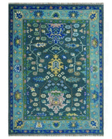 Antique Design Hand Knotted Charcoal, Green Moss and Blue Oushak Custom Made Rug