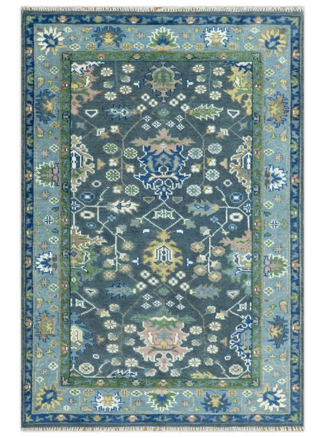 Antique Design Hand Knotted Charcoal, Green Moss and Blue Oushak Custom Made Rug