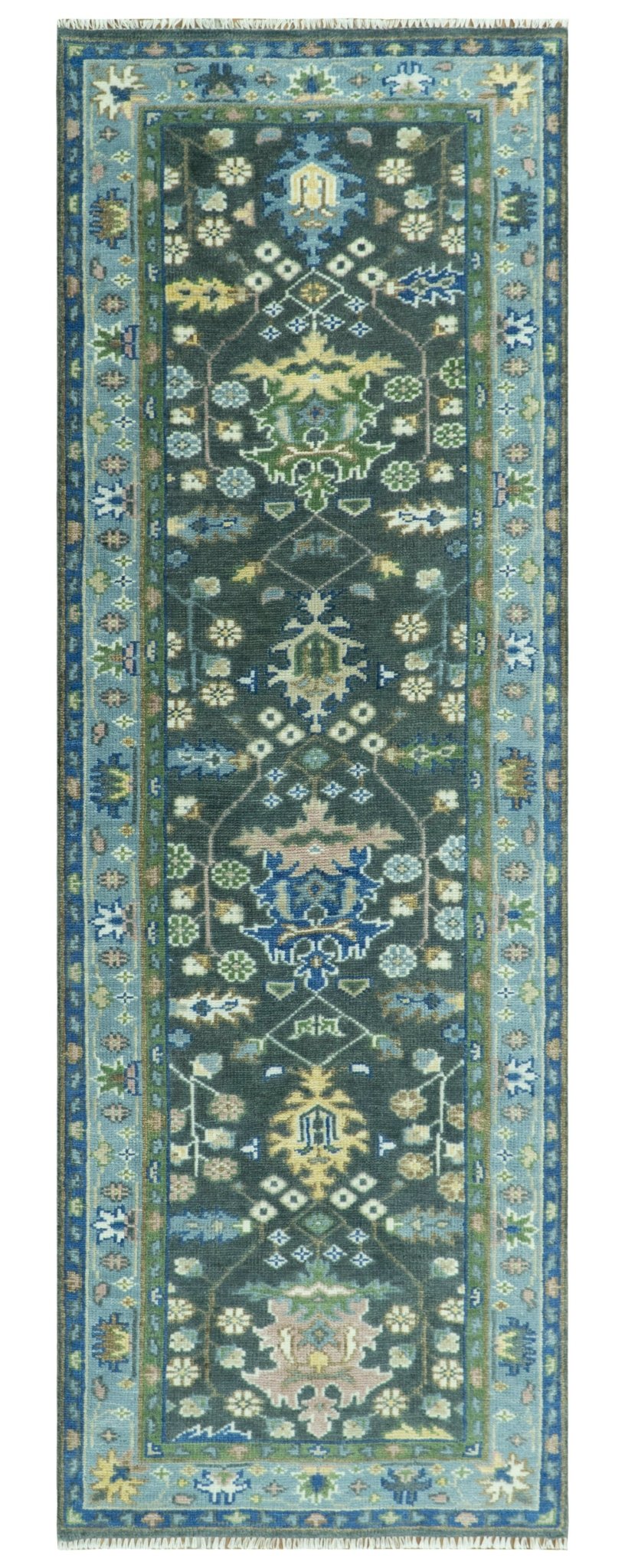 Antique Design Hand Knotted Charcoal, Green Moss and Blue Oushak Custom Made Rug