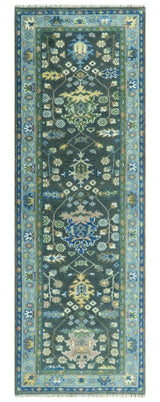 Antique Design Hand Knotted Charcoal, Green Moss and Blue Oushak Custom Made Rug