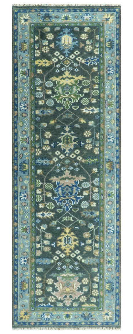 Antique Design Hand Knotted Charcoal, Green Moss and Blue Oushak Custom Made Rug