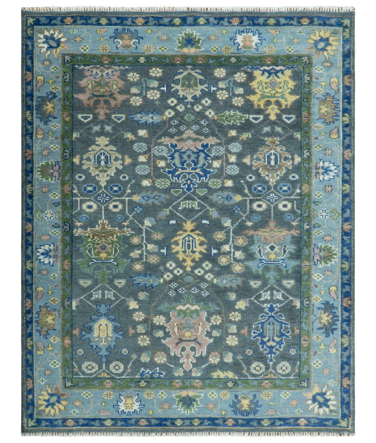 Antique Design Hand Knotted Charcoal, Green Moss and Blue Oushak Custom Made Rug