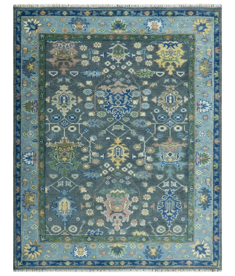 Antique Design Hand Knotted Charcoal, Green Moss and Blue Oushak Custom Made Rug