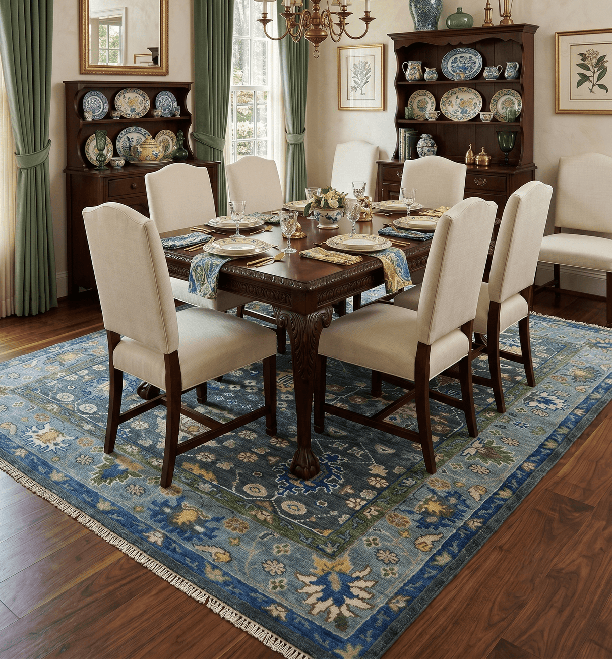 Antique Design Hand Knotted Charcoal, Green Moss and Blue Oushak Custom Made Rug