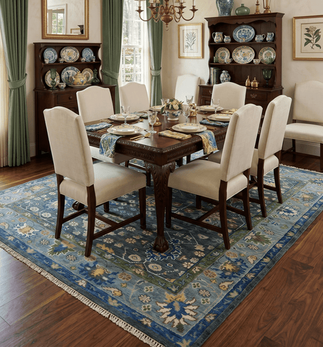 Antique Design Hand Knotted Charcoal, Green Moss and Blue Oushak Custom Made Rug