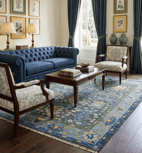 Antique Design Hand Knotted Charcoal, Green Moss and Blue Oushak Custom Made Rug
