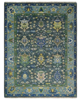 Antique Design Hand Knotted Charcoal, Green Moss and Blue Oushak Custom Made Rug