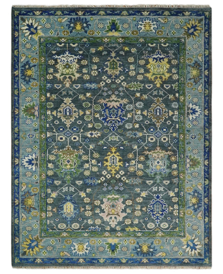Antique Design Hand Knotted Charcoal, Green Moss and Blue Oushak Custom Made Rug