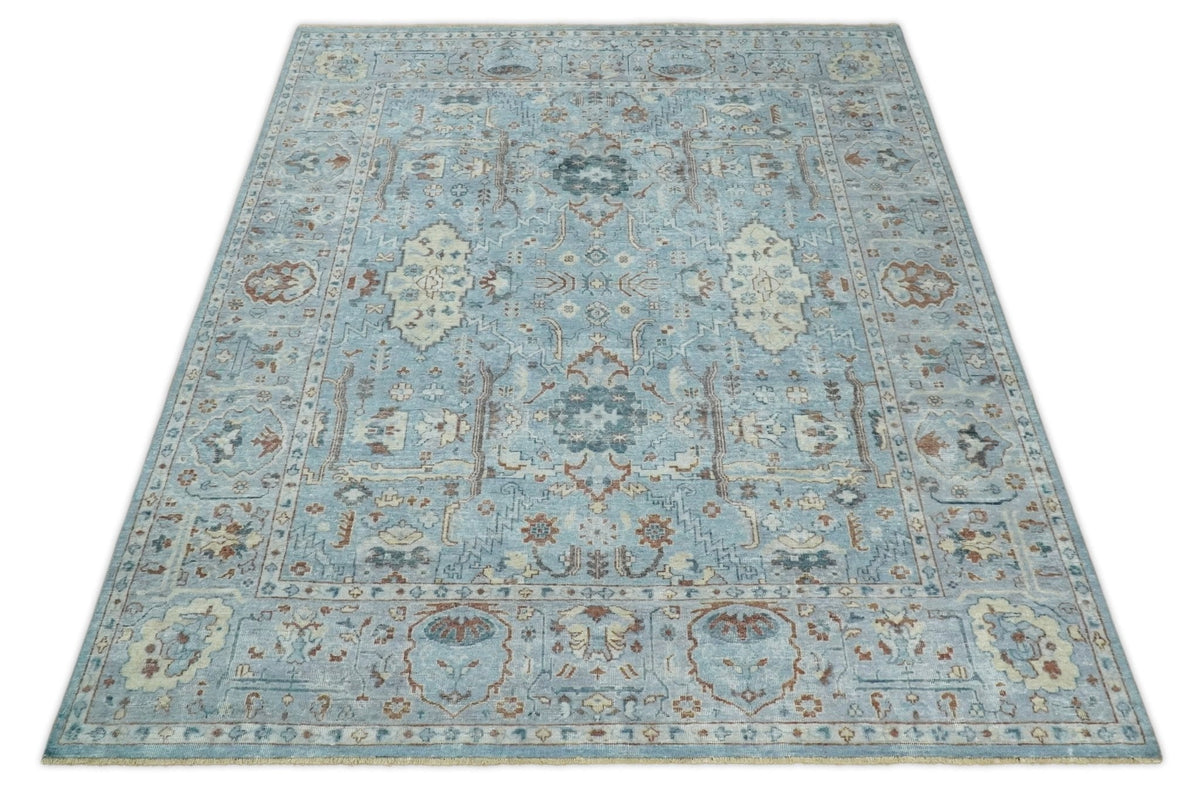 Antique Distressed finished Aqua, Beige and Brown Hand Knotted Low Pile Wool Area Rug