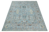 Antique Distressed finished Aqua, Beige and Brown Hand Knotted Low Pile Wool Area Rug