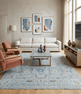 Antique Distressed finished Aqua, Beige and Brown Hand Knotted Low Pile Wool Area Rug