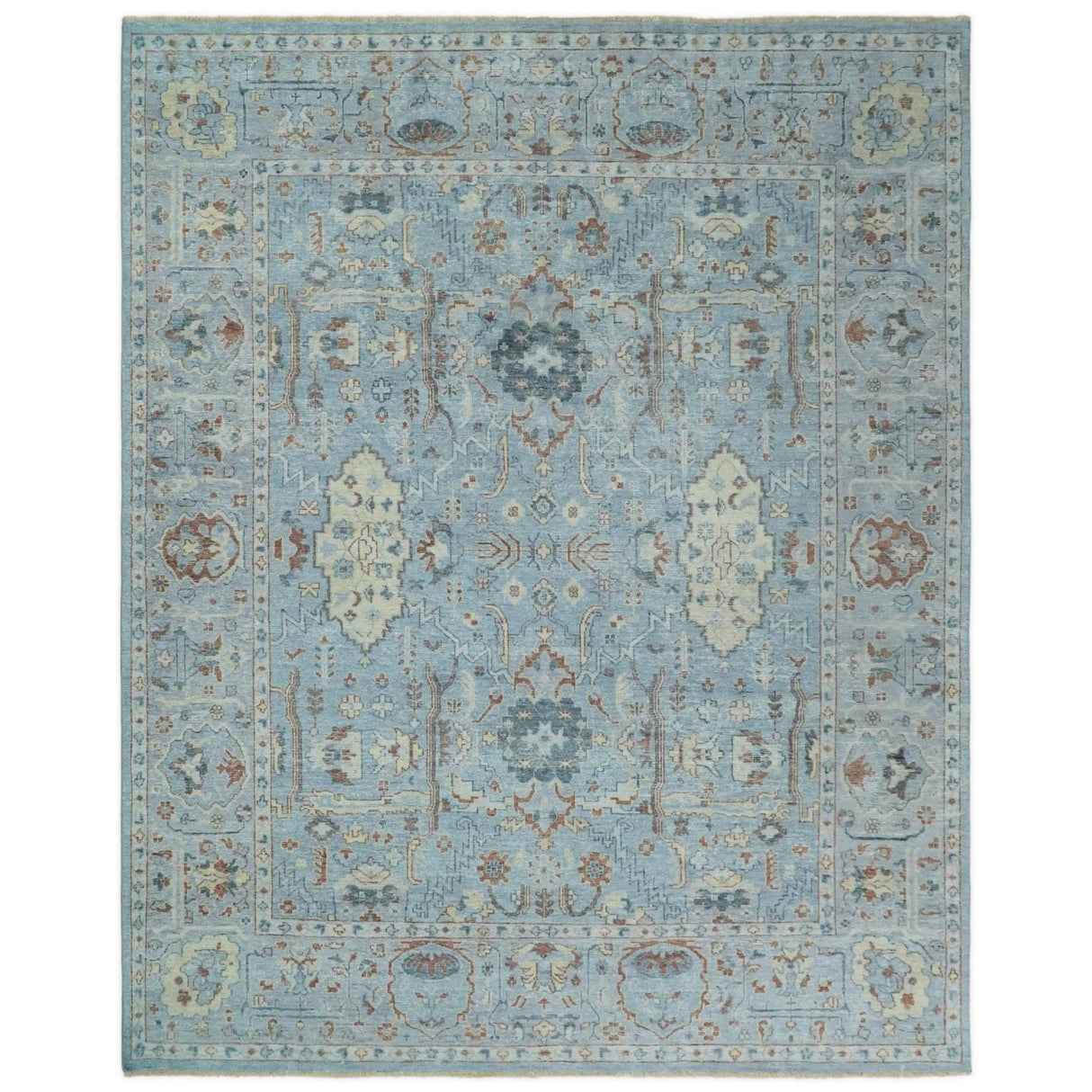 Antique Distressed finished Aqua, Beige and Brown Hand Knotted Low Pile Wool Area Rug