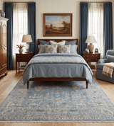 Antique Distressed finished Blue, Beige and Brown Hand Knotted Oxidized 8x10 wool Area Rug