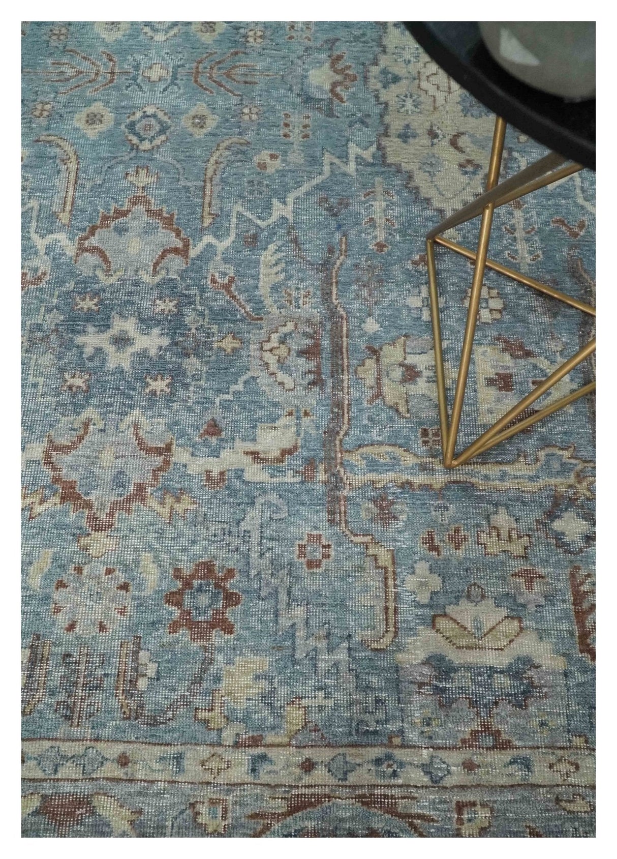 Antique Distressed finished Blue, Beige and Brown Hand Knotted Oxidized 8x10 wool Area Rug