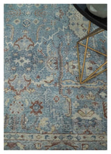 Antique Distressed finished Blue, Beige and Brown Hand Knotted Oxidized 8x10 wool Area Rug