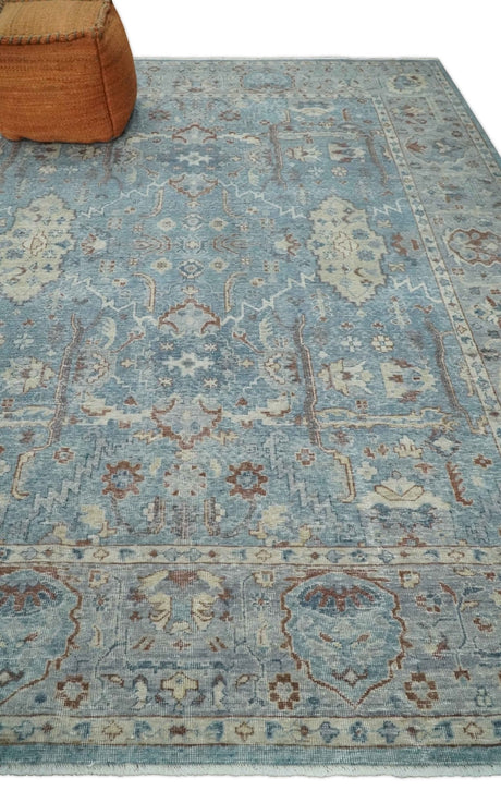 Antique Distressed finished Blue, Beige and Brown Hand Knotted Oxidized 8x10 wool Area Rug