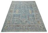 Antique Distressed finished Blue, Beige and Brown Hand Knotted Oxidized 8x10 wool Area Rug