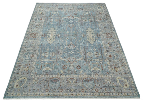 Antique Distressed finished Blue, Beige and Brown Hand Knotted Oxidized 8x10 wool Area Rug