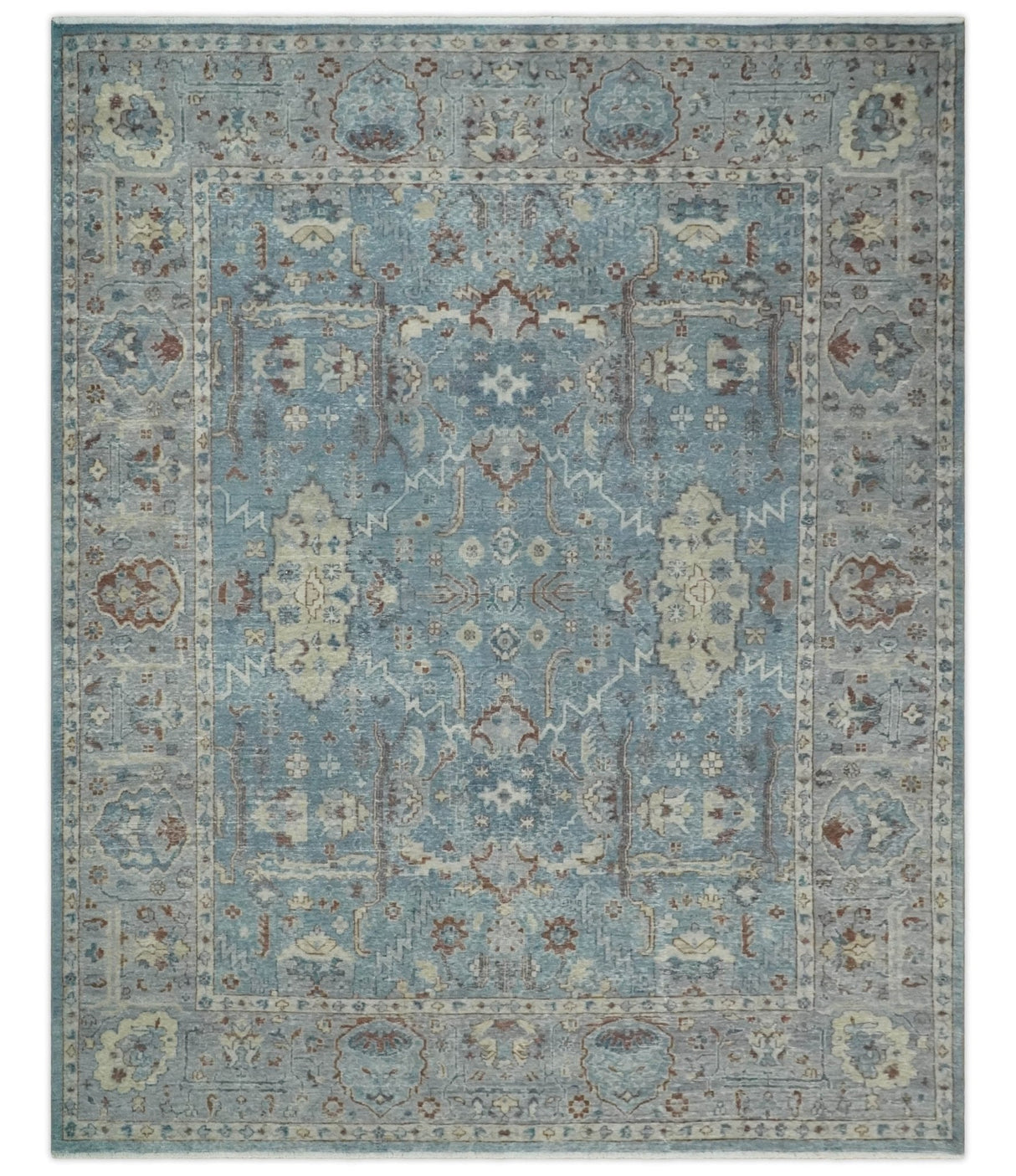 Antique Distressed finished Blue, Beige and Brown Hand Knotted Oxidized 8x10 wool Area Rug