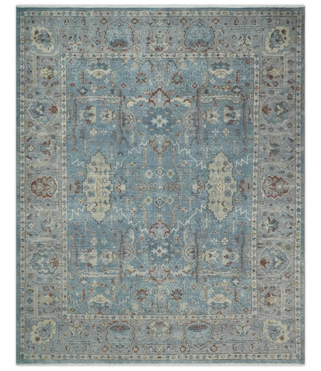 Antique Distressed finished Blue, Beige and Brown Hand Knotted Oxidized 8x10 wool Area Rug
