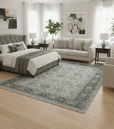 Antique Distressed style Ivory, Charcoal and Beige Low Pile 8x10 wool Area Rug