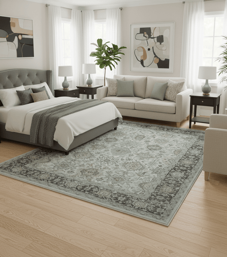 Antique Distressed style Ivory, Charcoal and Beige Low Pile 8x10 wool Area Rug