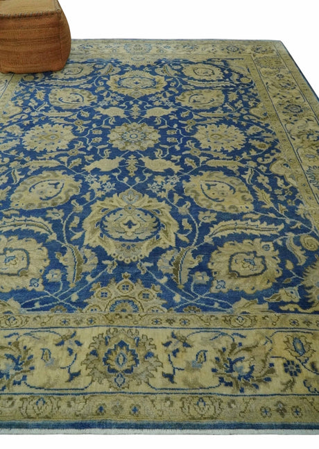 Antique Finish Oushak 8x10 Hand Knotted Blue and Beige Traditional Wool Area Rug