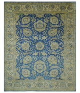 Antique Finish Oushak 8x10 Hand Knotted Blue and Beige Traditional Wool Area Rug