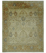 Antique Floral Beige, Olive and Rust Hand knotted Oriental Oushak 8x10 wool Area rug