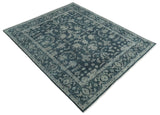 Antique Floral Distressed finished Hand Knotted Dark Teal and Beige Custom Made wool Area Rug