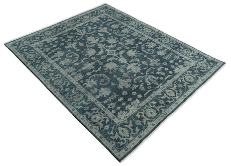 Antique Floral Distressed finished Hand Knotted Dark Teal and Beige Custom Made wool Area Rug
