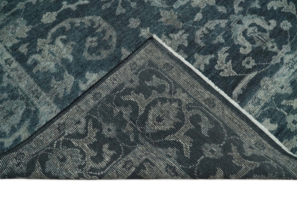 Antique Floral Distressed finished Hand Knotted Dark Teal and Beige Custom Made wool Area Rug
