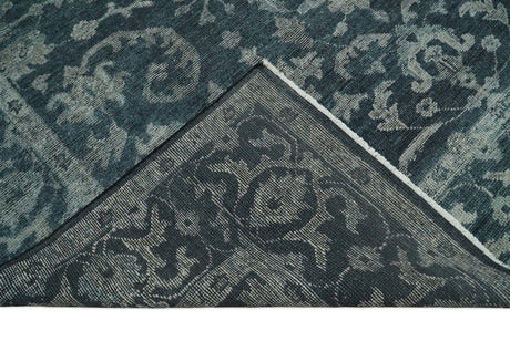 Antique Floral Distressed finished Hand Knotted Dark Teal and Beige Custom Made wool Area Rug