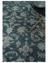 Antique Floral Distressed finished Hand Knotted Dark Teal and Beige Custom Made wool Area Rug