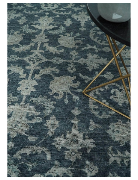 Antique Floral Distressed finished Hand Knotted Dark Teal and Beige Custom Made wool Area Rug