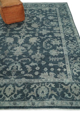 Antique Floral Distressed finished Hand Knotted Dark Teal and Beige Custom Made wool Area Rug