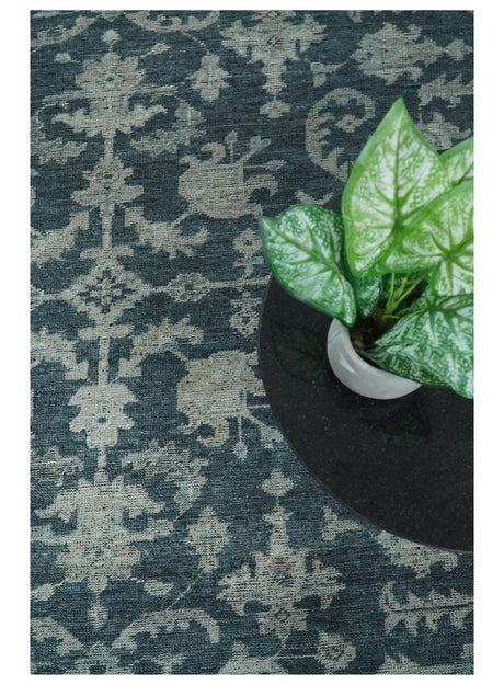 Antique Floral Distressed finished Hand Knotted Dark Teal and Beige Custom Made wool Area Rug