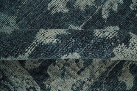 Antique Floral Distressed finished Hand Knotted Dark Teal and Beige Custom Made wool Area Rug