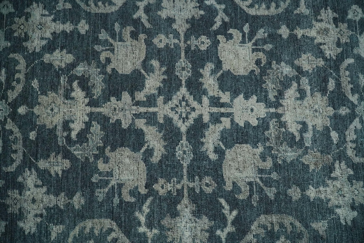 Antique Floral Distressed finished Hand Knotted Dark Teal and Beige Custom Made wool Area Rug