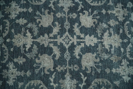 Antique Floral Distressed finished Hand Knotted Dark Teal and Beige Custom Made wool Area Rug