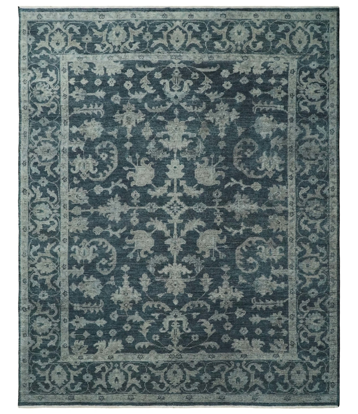 Antique Floral Distressed finished Hand Knotted Dark Teal and Beige Custom Made wool Area Rug