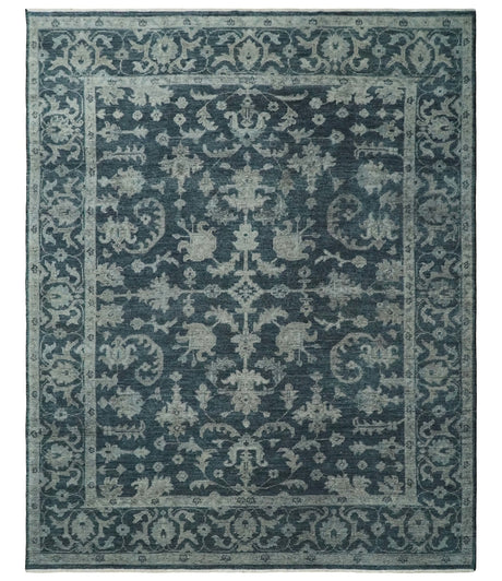 Antique Floral Distressed finished Hand Knotted Dark Teal and Beige Custom Made wool Area Rug