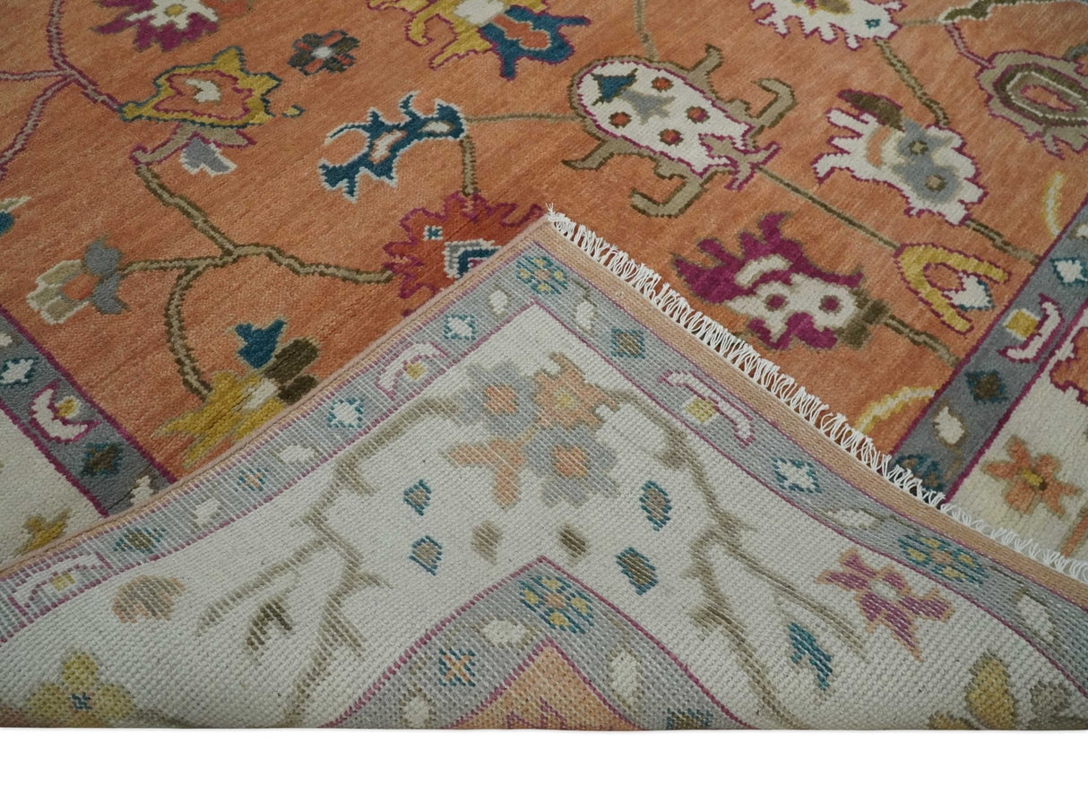 Antique Floral Peach and Ivory Hand knotted Traditional Oushak 8x10 wool Area Rug