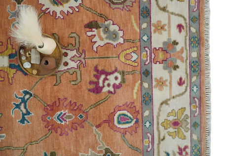 Antique Floral Peach and Ivory Hand knotted Traditional Oushak 8x10 wool Area Rug