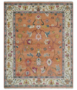 Antique Floral Peach and Ivory Hand knotted Traditional Oushak 8x10 wool Area Rug