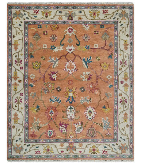 Antique Floral Peach and Ivory Hand knotted Traditional Oushak 8x10 wool Area Rug