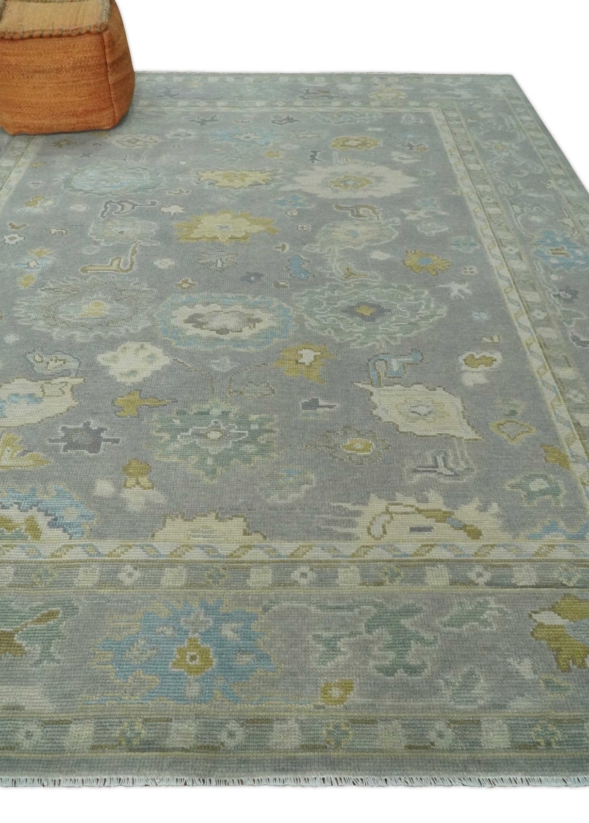 Antique Gray And Beige Hand Knotted Oushak Wool Area Rug