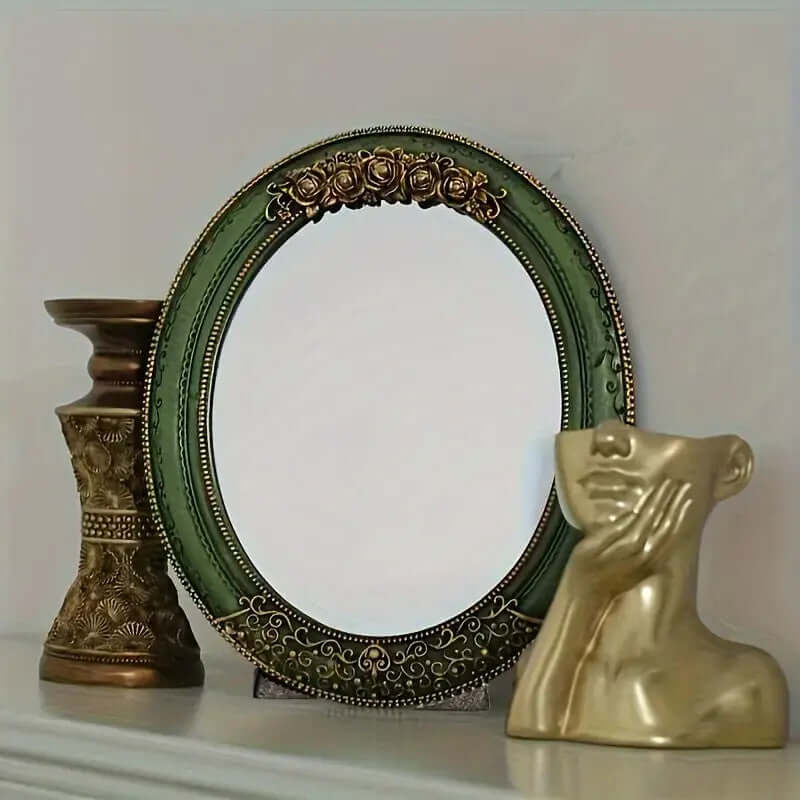 Antique Green Oval Wall Mirror with Ornate Gold Detailing-Mirror-Parc Decor