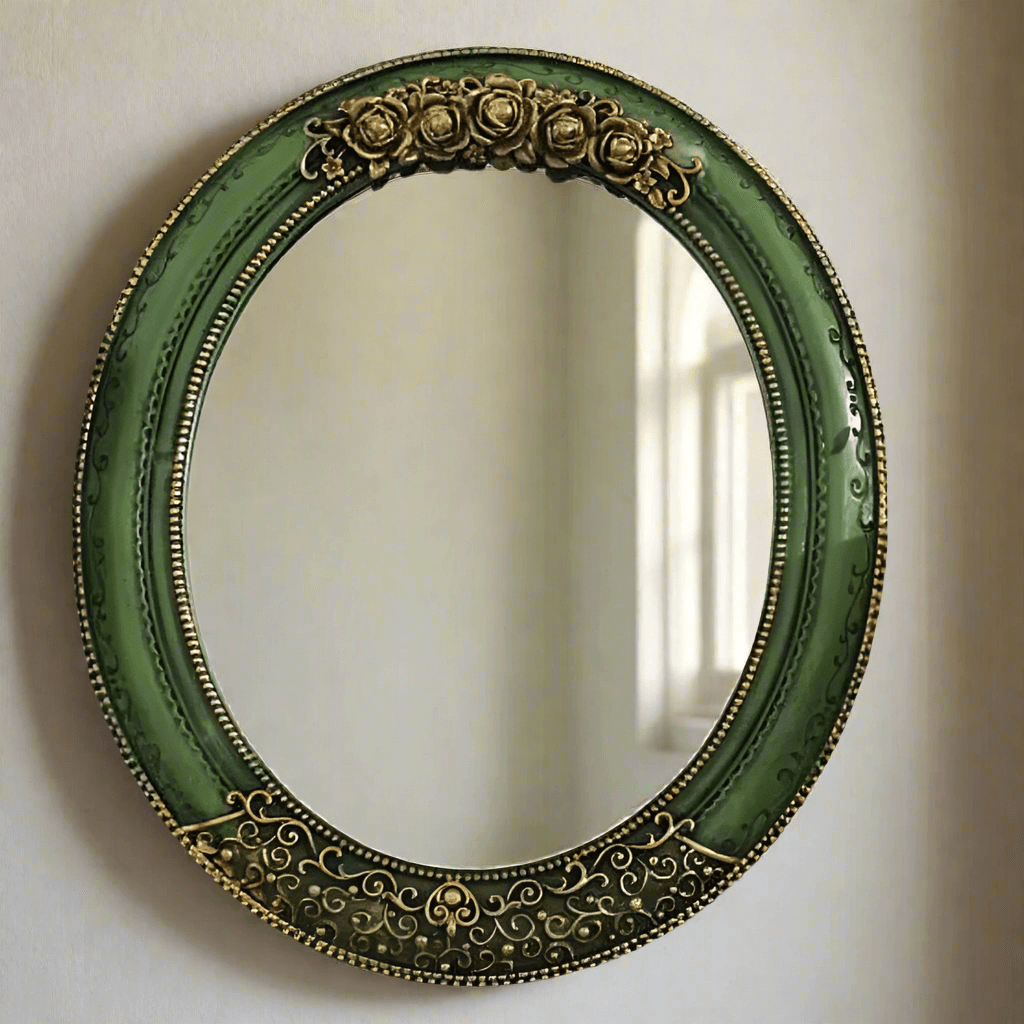 Antique Green Oval Wall Mirror with Ornate Gold Detailing-Mirror-Parc Decor